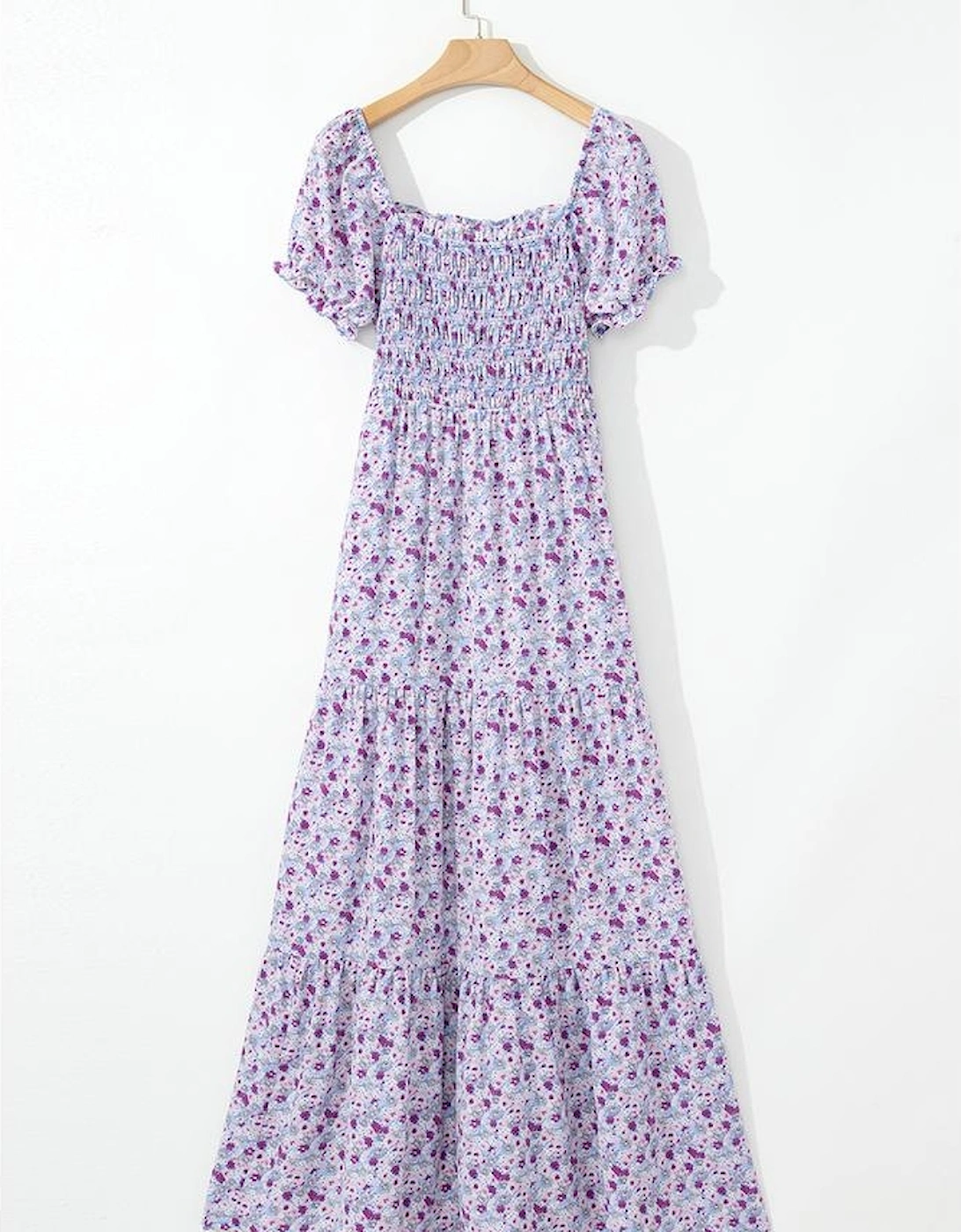 Purple Floral Short Bubble Sleeve Shirred High Waist Maxi Dress