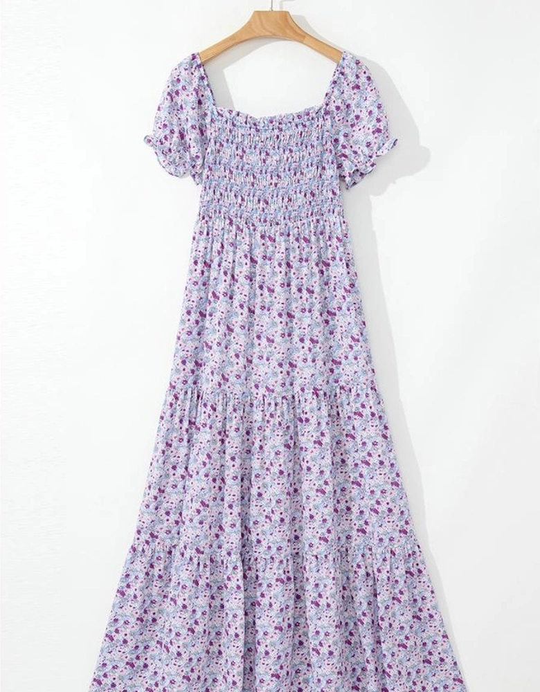 Purple Floral Short Bubble Sleeve Shirred High Waist Maxi Dress