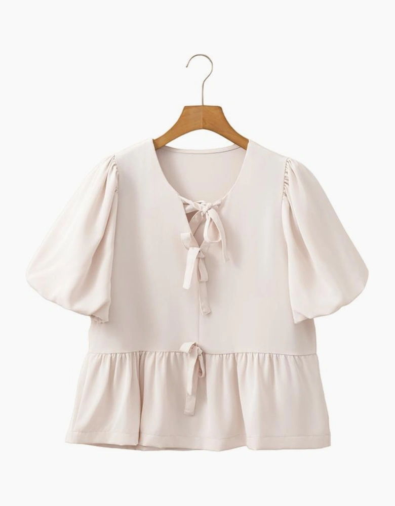 White Bow Tie Short Puff Sleeve Ruffle Hem Blouse