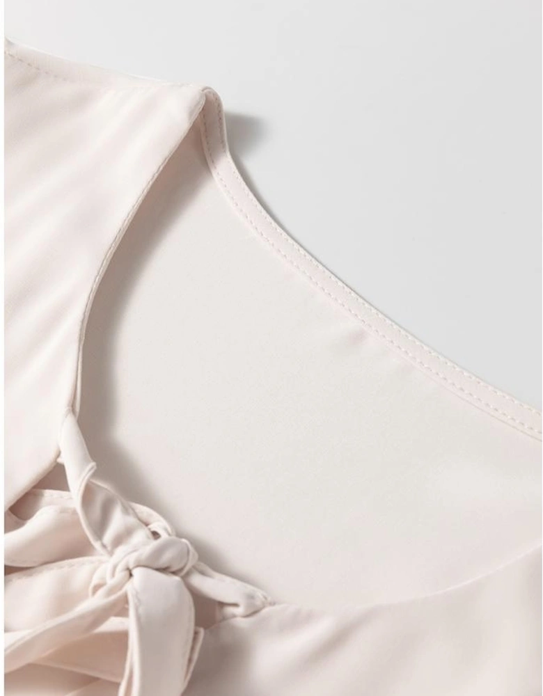 White Bow Tie Short Puff Sleeve Ruffle Hem Blouse