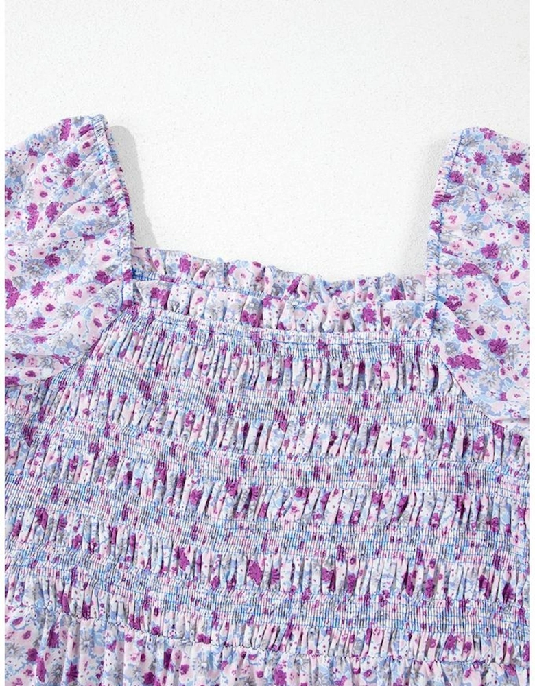 Purple Floral Short Bubble Sleeve Shirred High Waist Maxi Dress