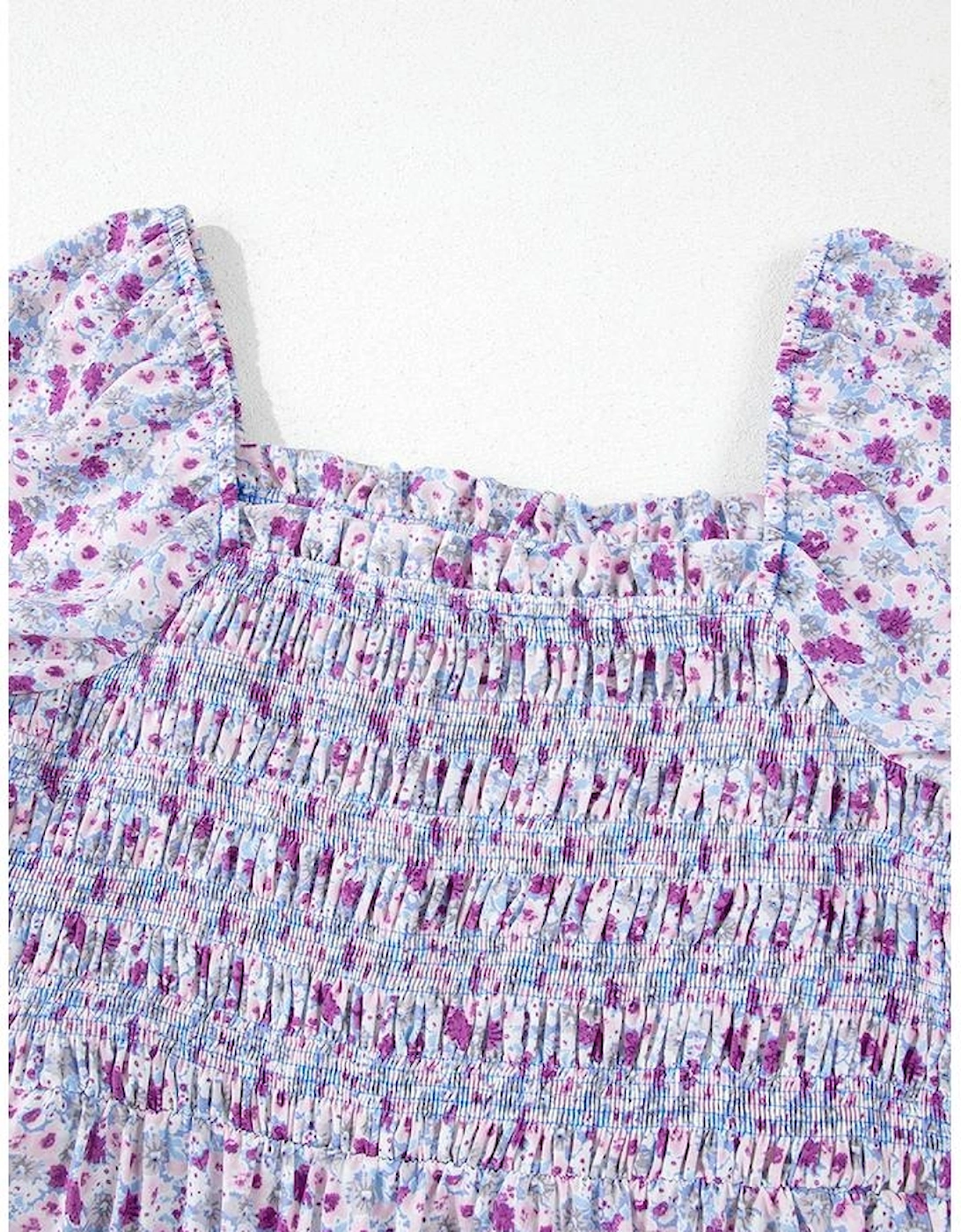 Purple Floral Short Bubble Sleeve Shirred High Waist Maxi Dress