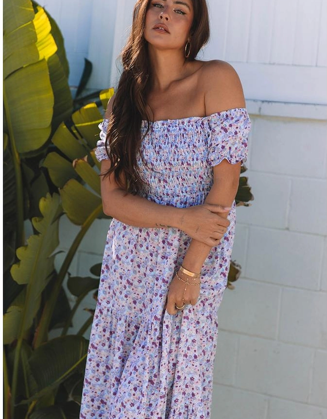 Purple Floral Short Bubble Sleeve Shirred High Waist Maxi Dress