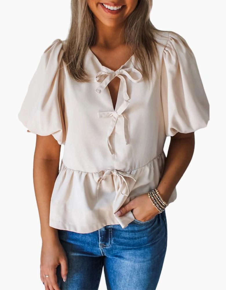 White Bow Tie Short Puff Sleeve Ruffle Hem Blouse
