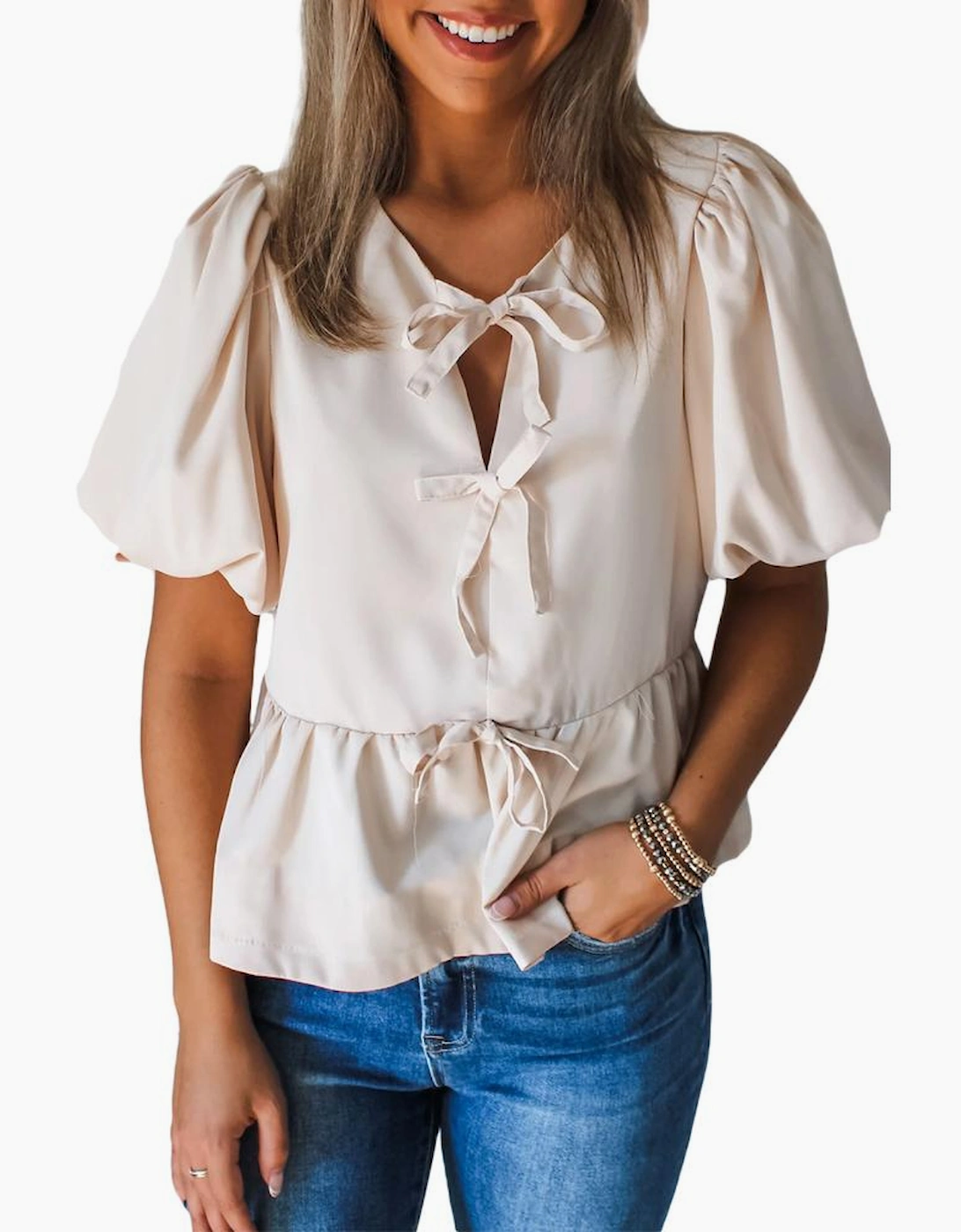 White Bow Tie Short Puff Sleeve Ruffle Hem Blouse