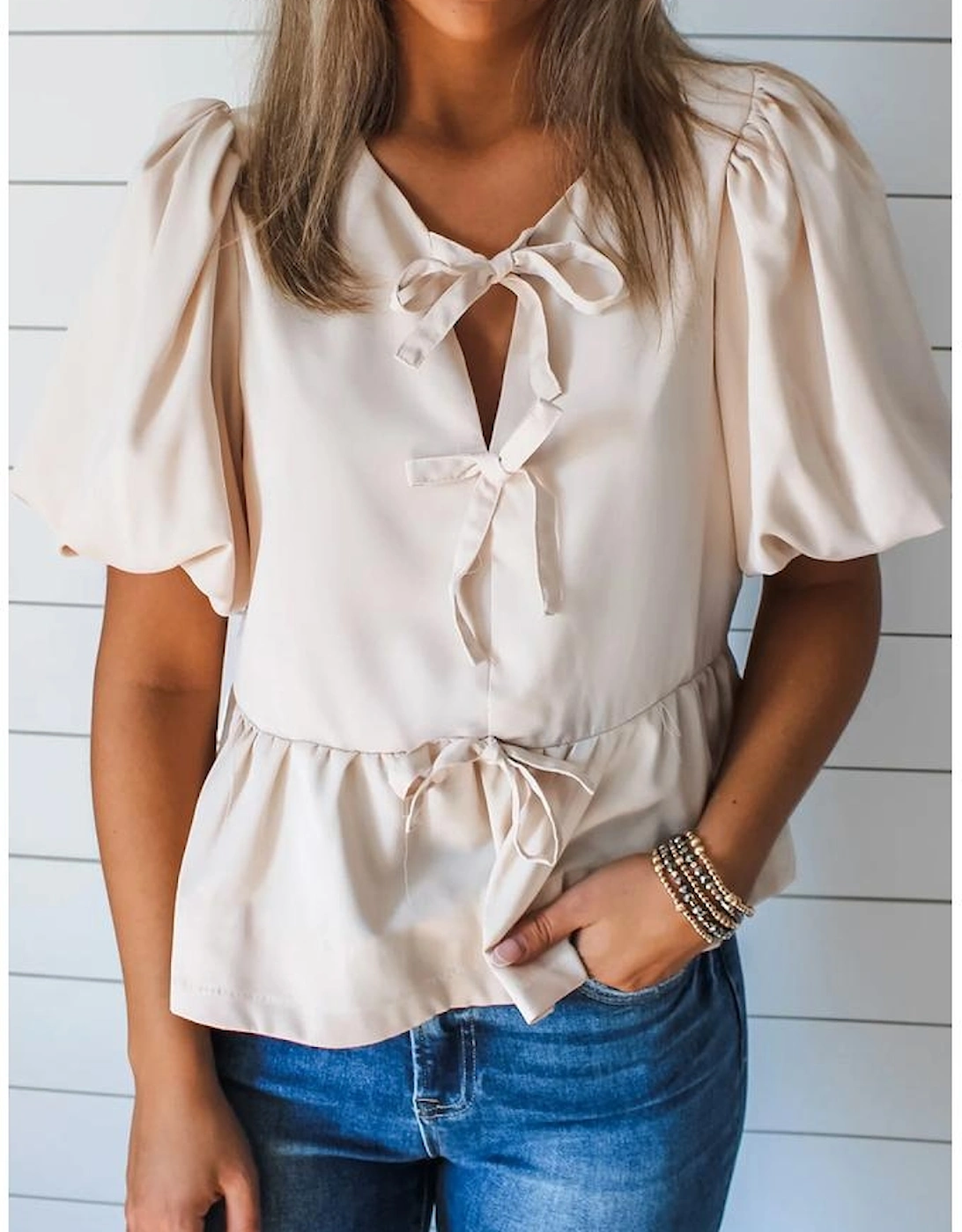 White Bow Tie Short Puff Sleeve Ruffle Hem Blouse