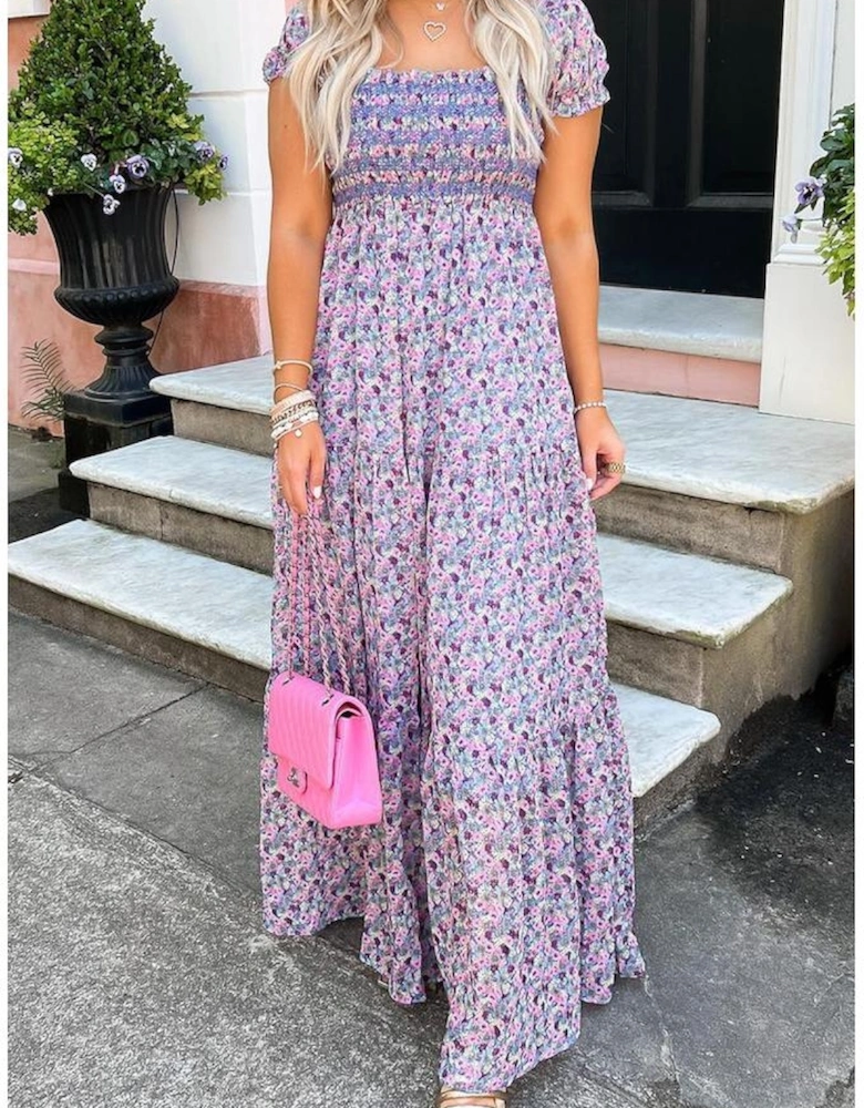 Purple Floral Short Bubble Sleeve Shirred High Waist Maxi Dress