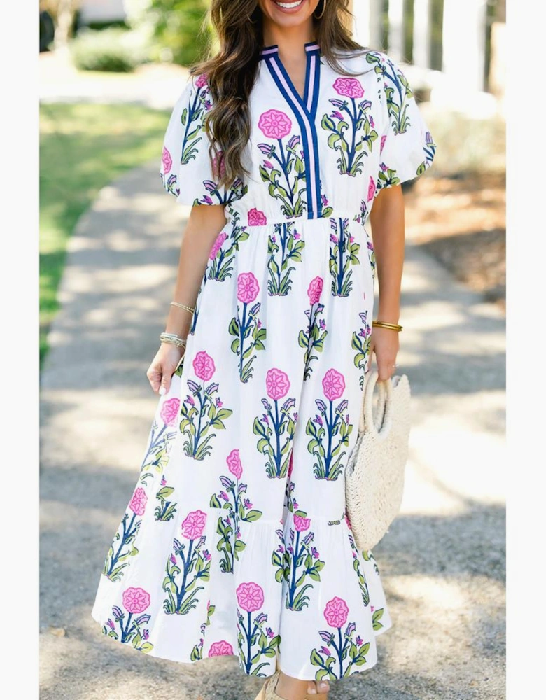 White Floral Puff Short Sleeve V Neck High Waist Maxi Dress