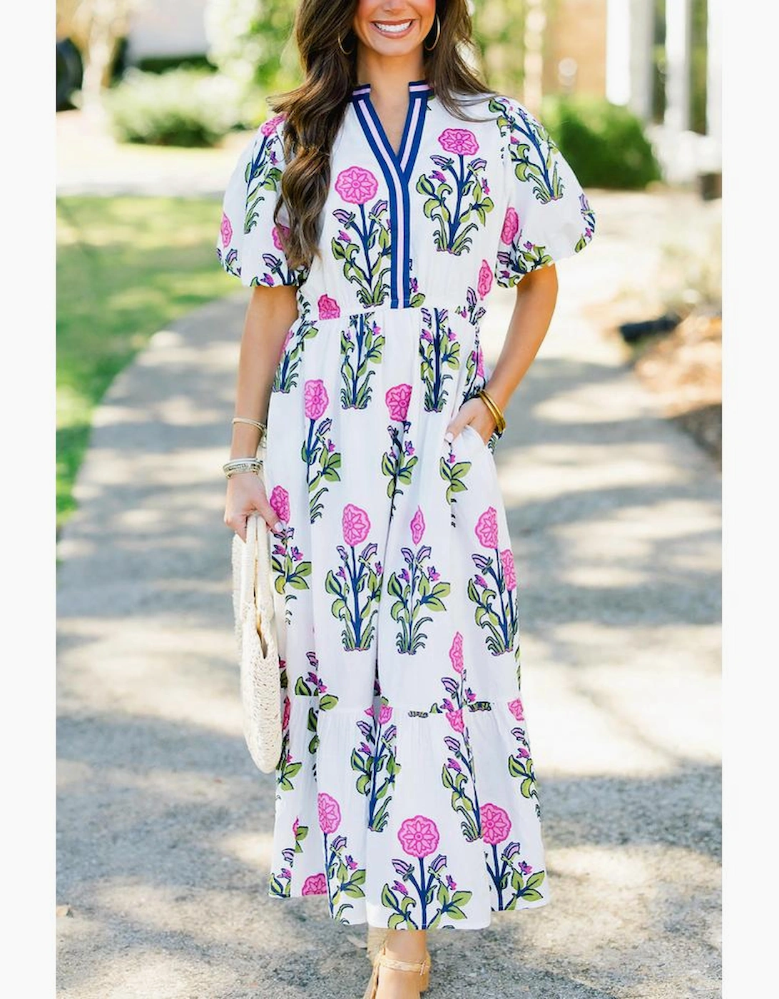 White Floral Puff Short Sleeve V Neck High Waist Maxi Dress