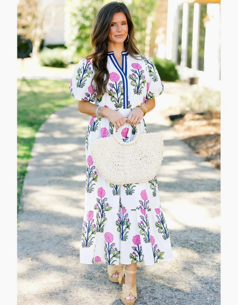 White Floral Puff Short Sleeve V Neck High Waist Maxi Dress