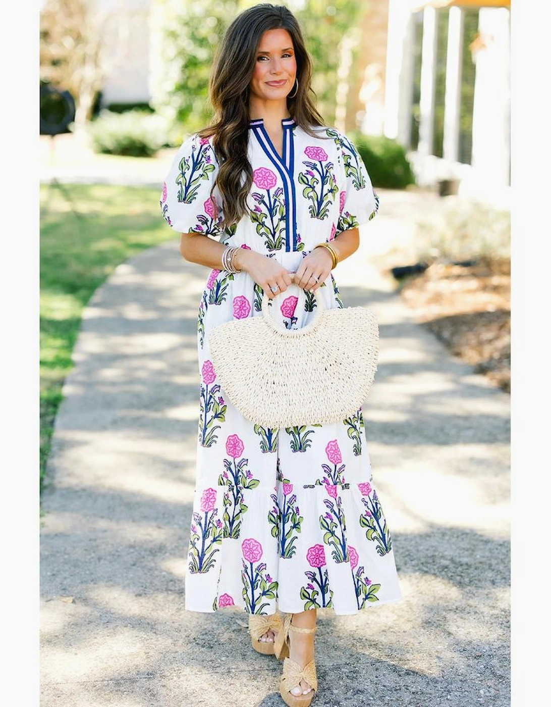 White Floral Puff Short Sleeve V Neck High Waist Maxi Dress