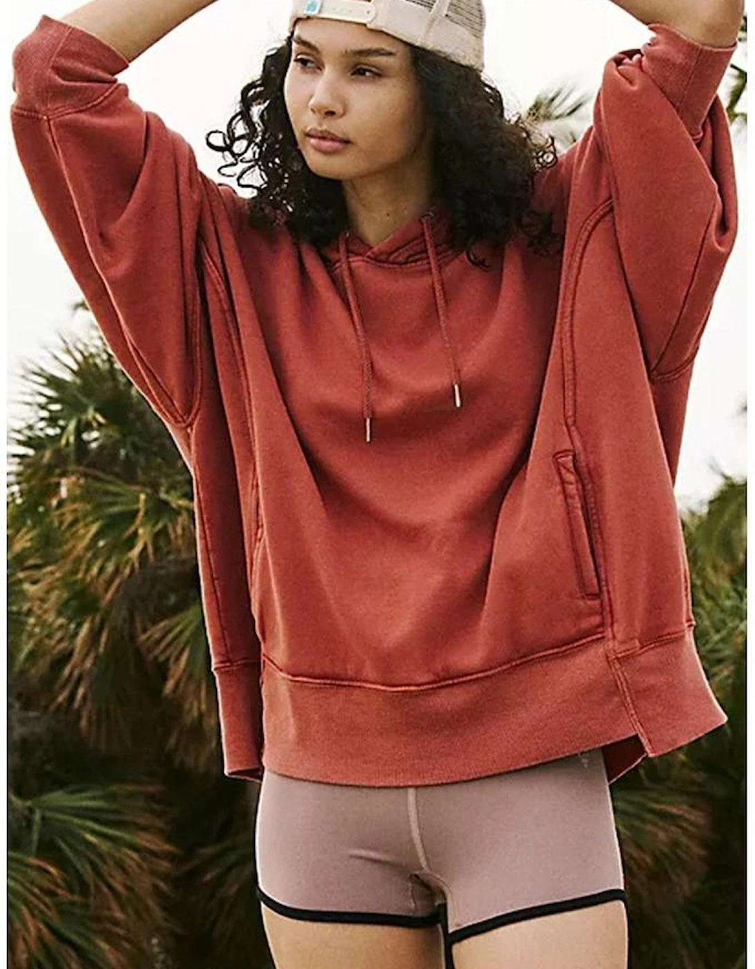 Red Clay Drop Shoulder Pocketed Baggy Drawstring Hoodie