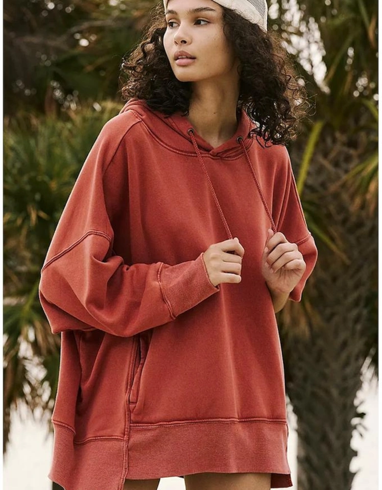 Red Clay Drop Shoulder Pocketed Baggy Drawstring Hoodie