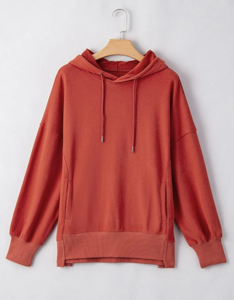 Red Clay Drop Shoulder Pocketed Baggy Drawstring Hoodie
