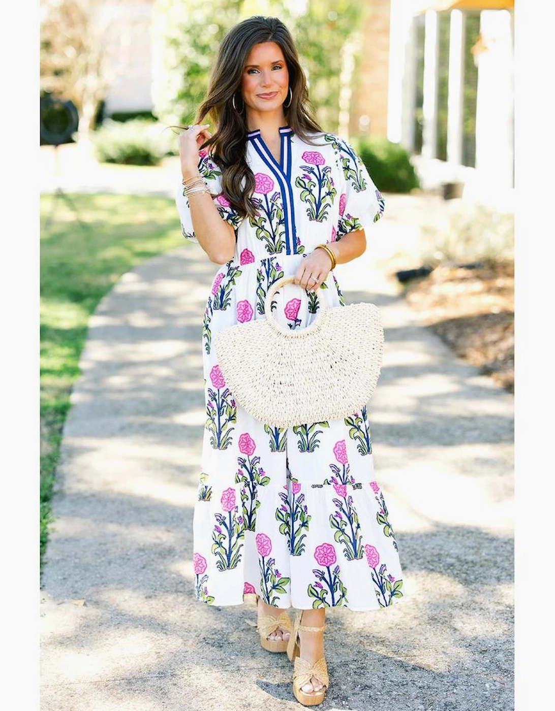 White Floral Puff Short Sleeve V Neck High Waist Maxi Dress