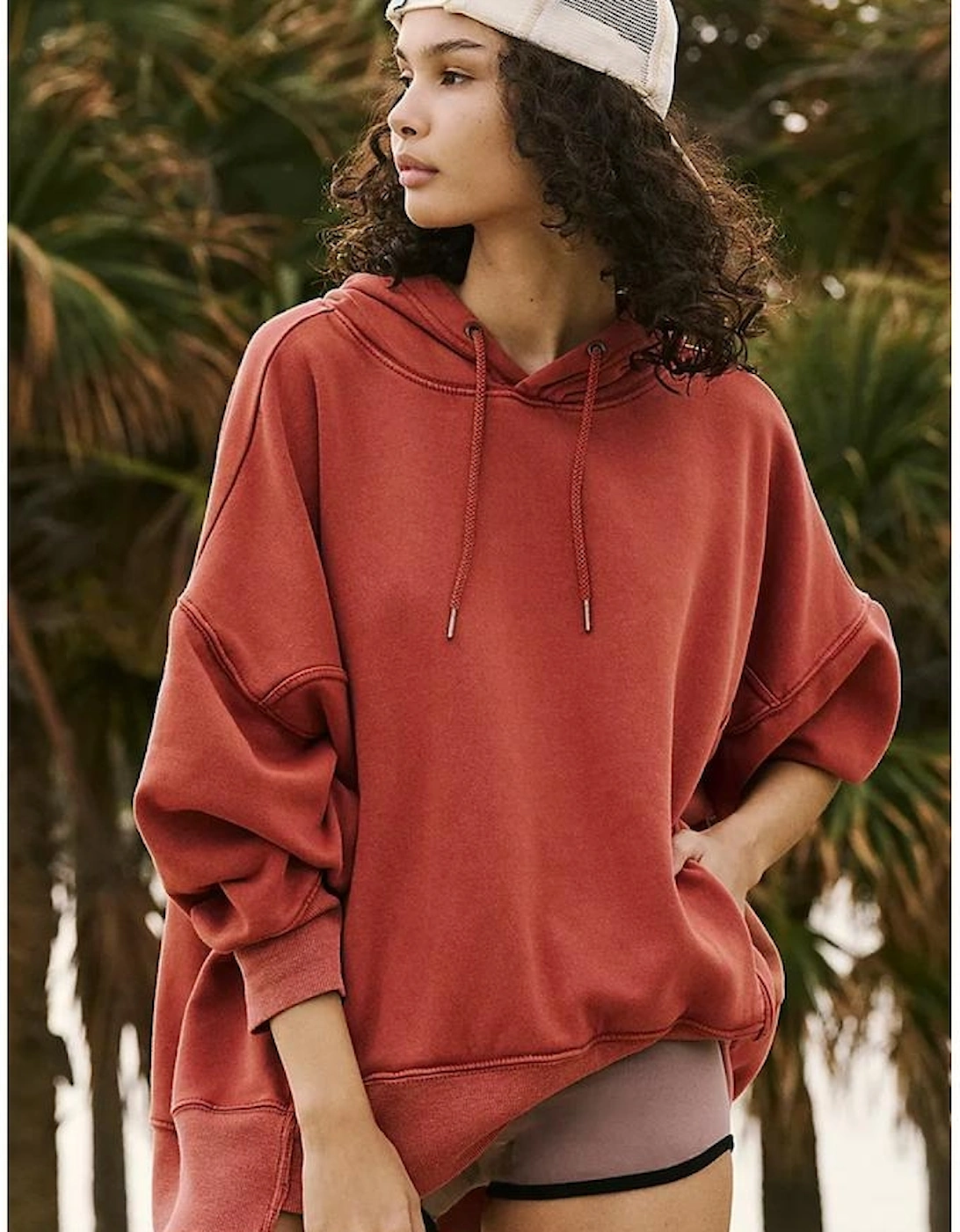 Red Clay Drop Shoulder Pocketed Baggy Drawstring Hoodie