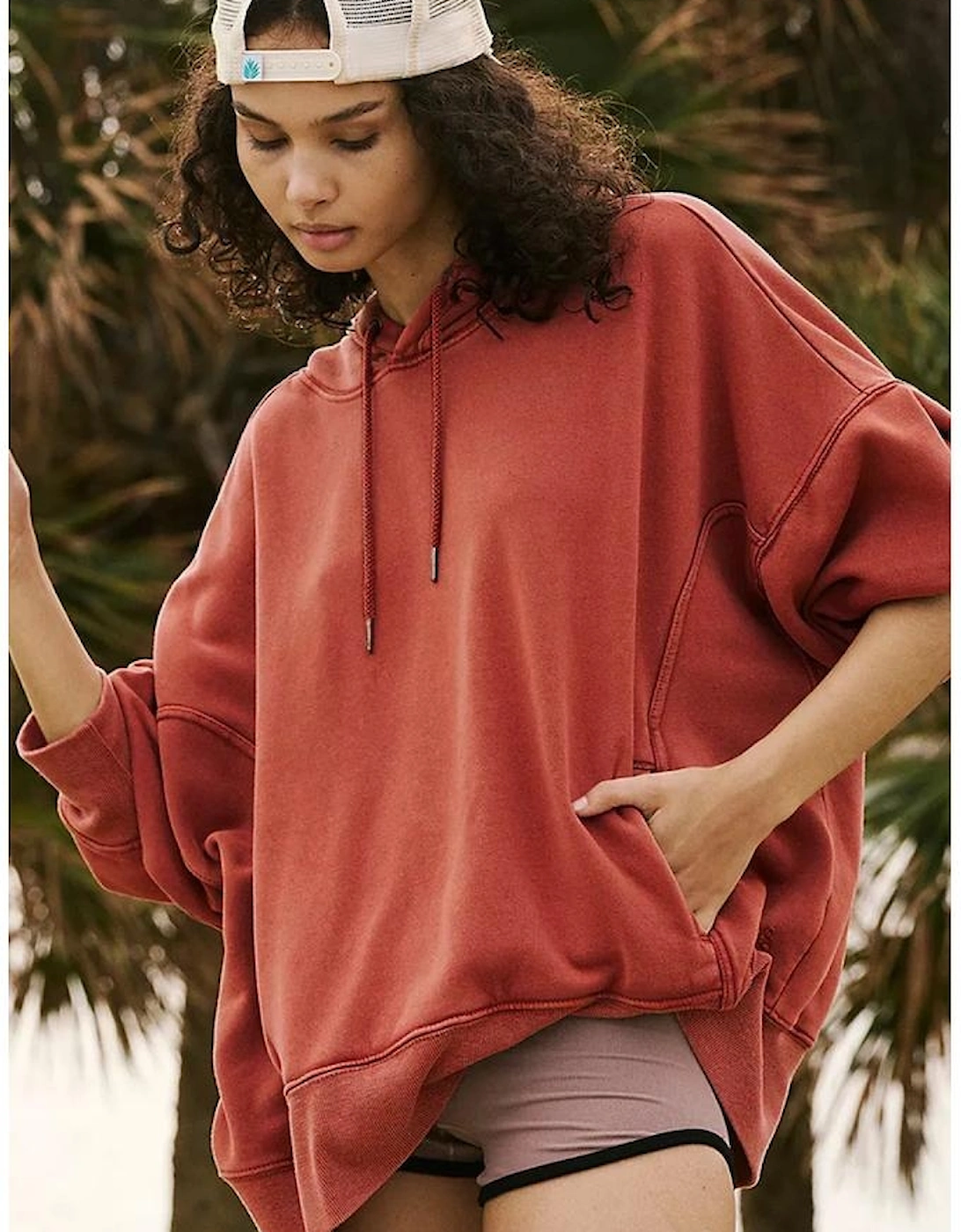 Red Clay Drop Shoulder Pocketed Baggy Drawstring Hoodie