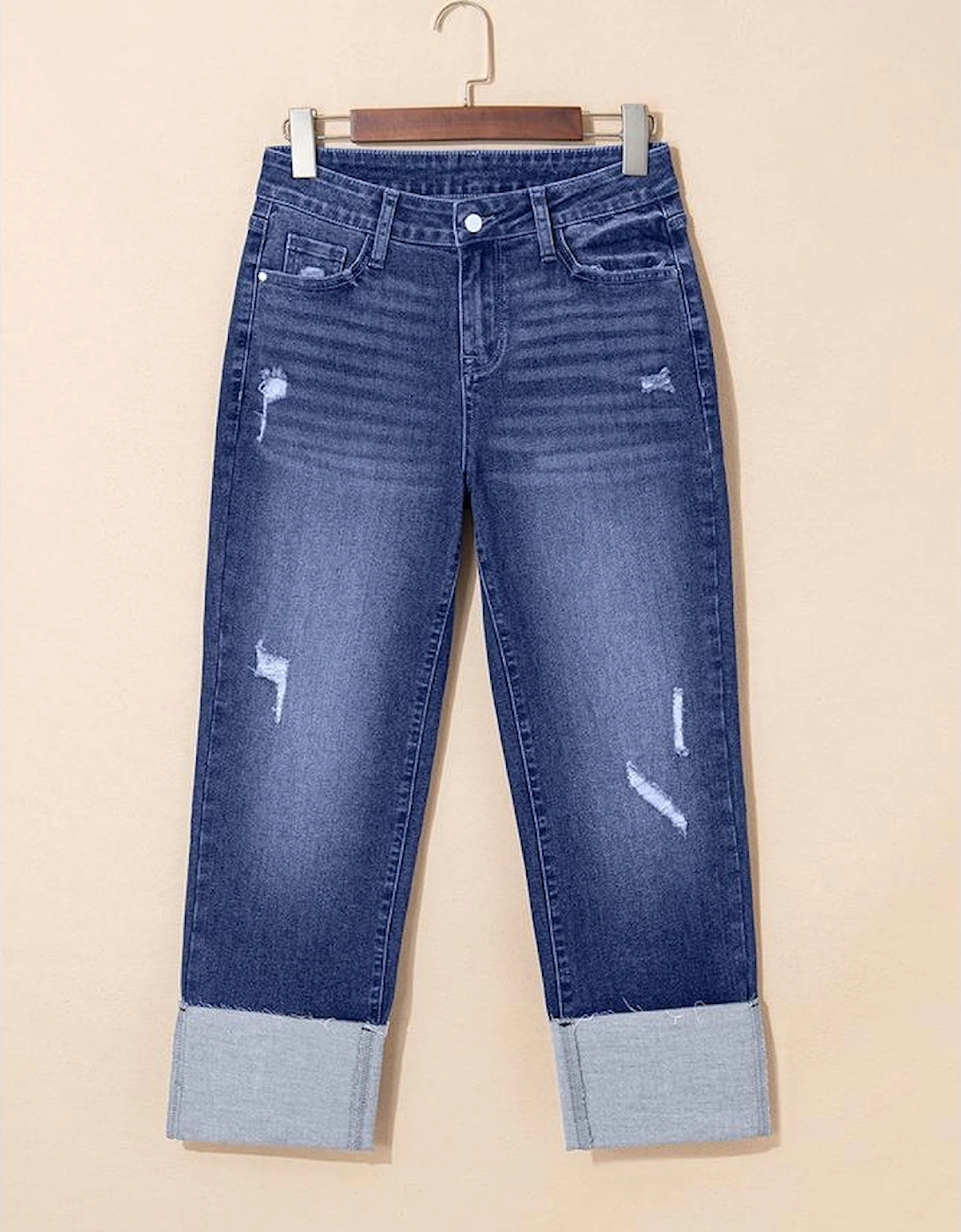 Real Teal Folded Cuffs Distressed Straight High Waist Jeans