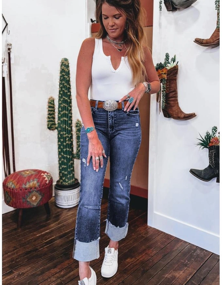 Real Teal Folded Cuffs Distressed Straight High Waist Jeans