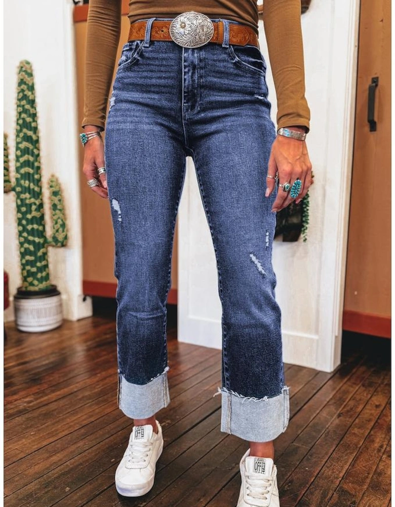 Real Teal Folded Cuffs Distressed Straight High Waist Jeans