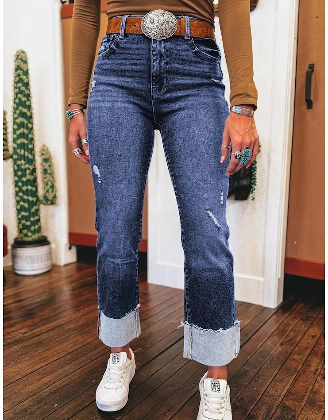 Real Teal Folded Cuffs Distressed Straight High Waist Jeans
