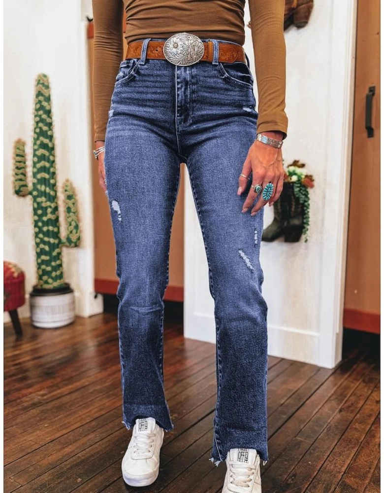 Real Teal Folded Cuffs Distressed Straight High Waist Jeans