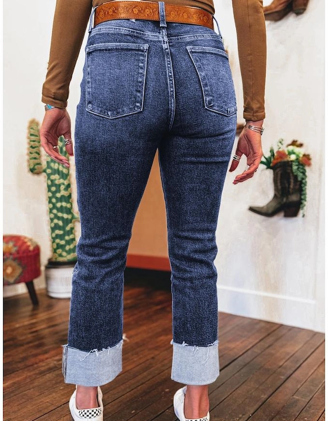 Real Teal Folded Cuffs Distressed Straight High Waist Jeans, 16 of 15