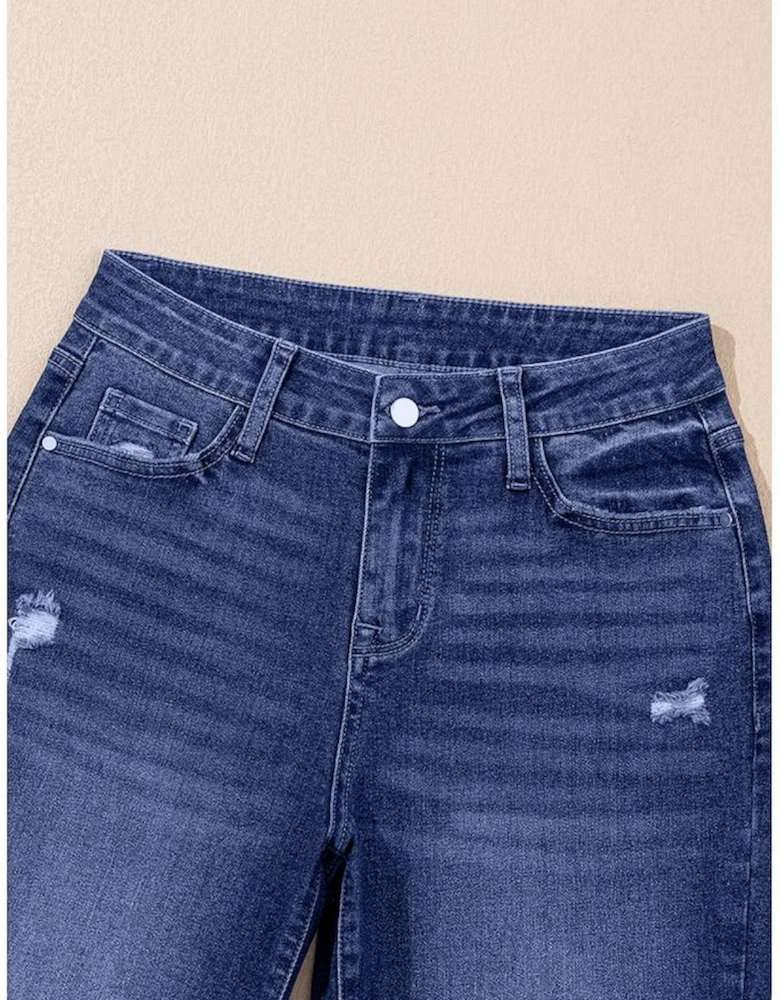 Real Teal Folded Cuffs Distressed Straight High Waist Jeans