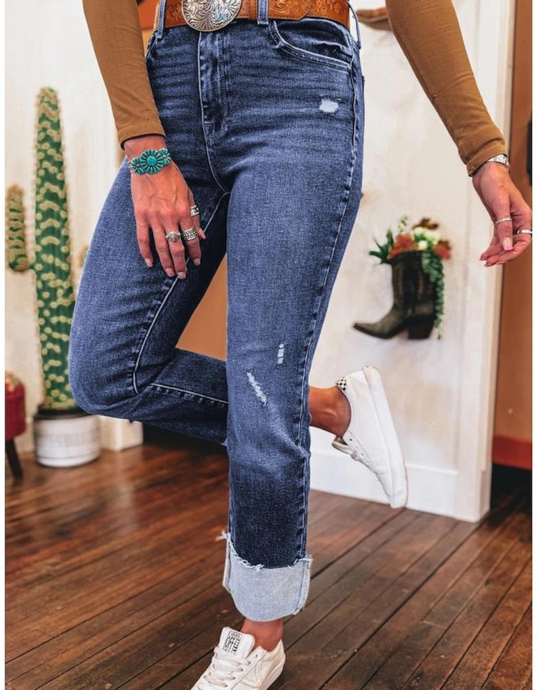 Real Teal Folded Cuffs Distressed Straight High Waist Jeans