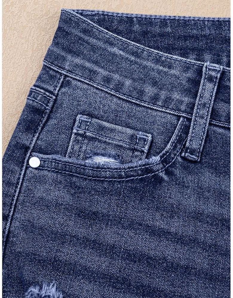 Real Teal Folded Cuffs Distressed Straight High Waist Jeans