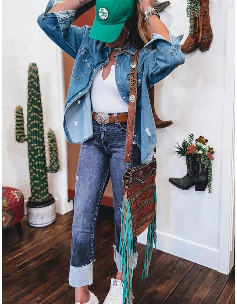 Real Teal Folded Cuffs Distressed Straight High Waist Jeans