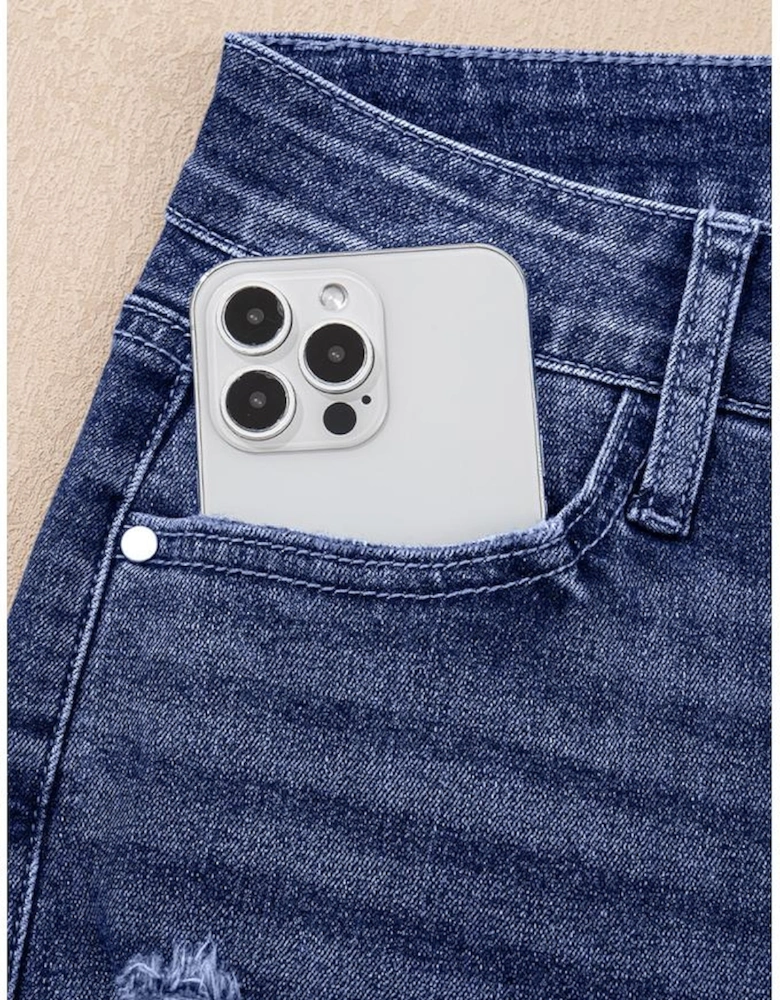 Real Teal Folded Cuffs Distressed Straight High Waist Jeans