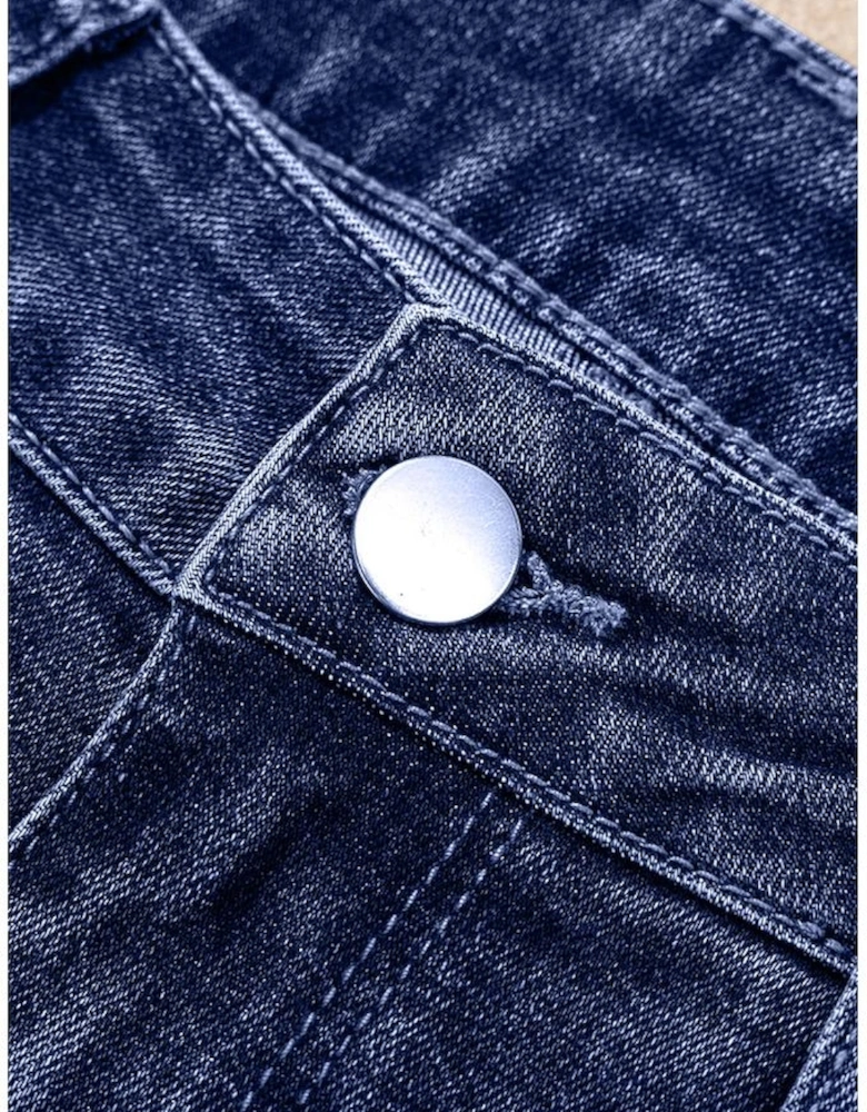 Real Teal Folded Cuffs Distressed Straight High Waist Jeans