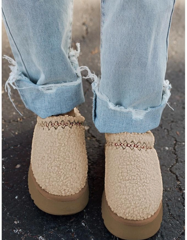 Oatmeal Embroidered Sherpa Plush Thick Sole Snow Boots