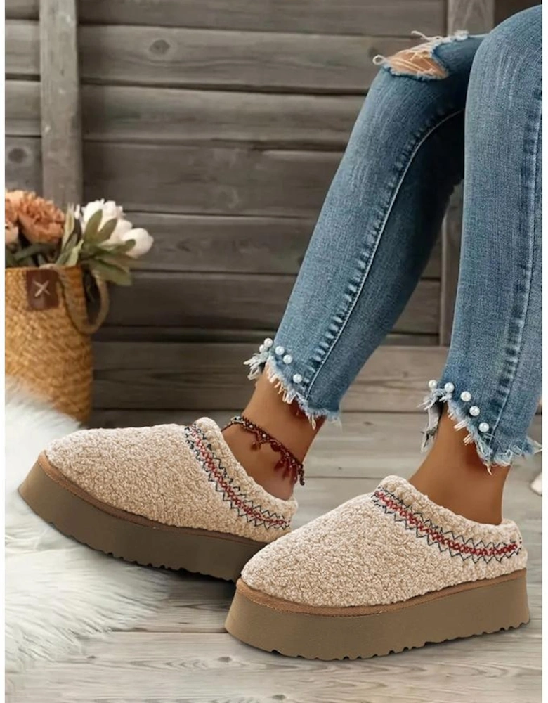 Oatmeal Embroidered Sherpa Plush Thick Sole Snow Boots