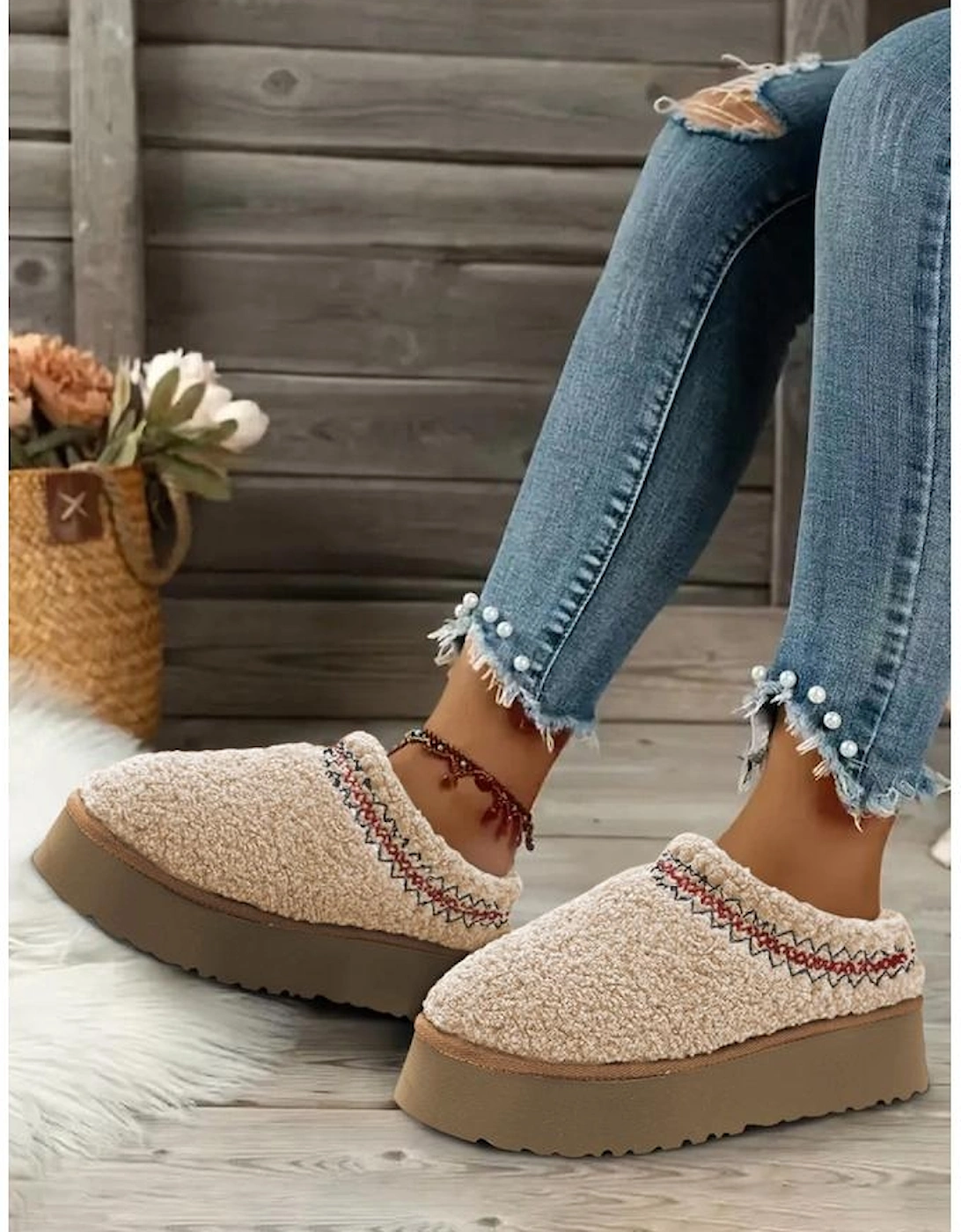 Oatmeal Embroidered Sherpa Plush Thick Sole Snow Boots