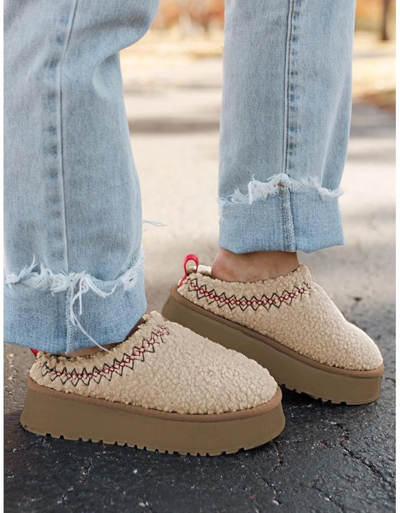 Oatmeal Embroidered Sherpa Plush Thick Sole Snow Boots