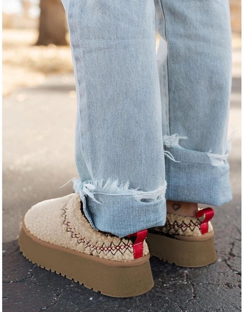 Oatmeal Embroidered Sherpa Plush Thick Sole Snow Boots