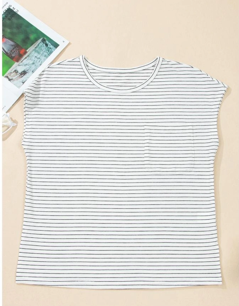 White Stripe Cap Sleeve Crew Neck Casual Tee with Chest Pocket