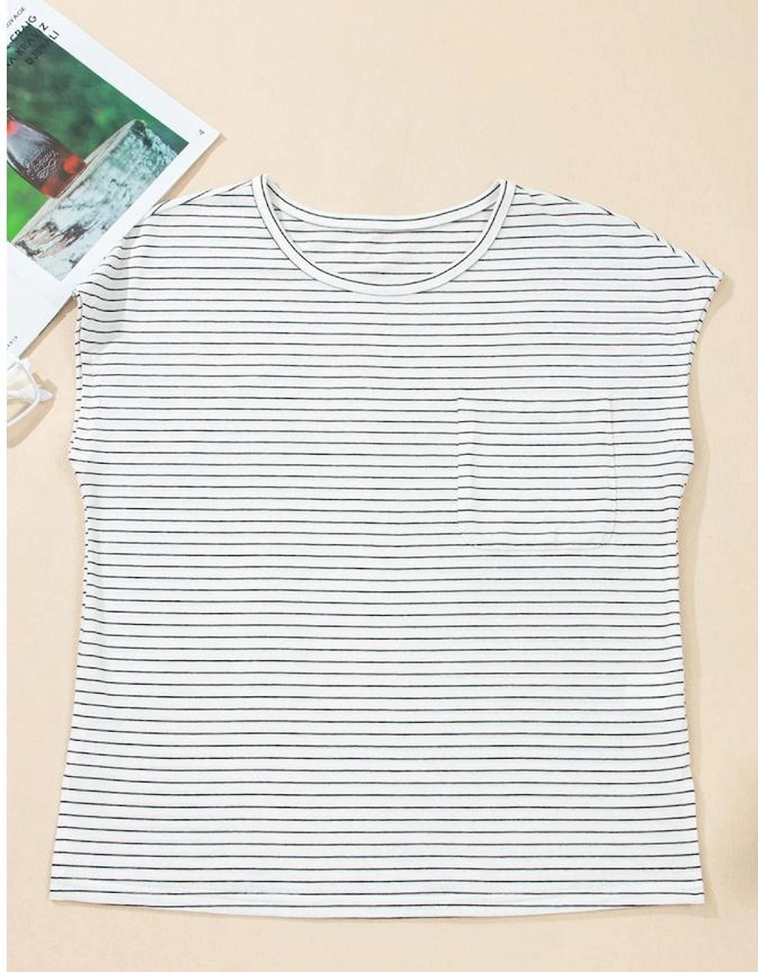White Stripe Cap Sleeve Crew Neck Casual Tee with Chest Pocket