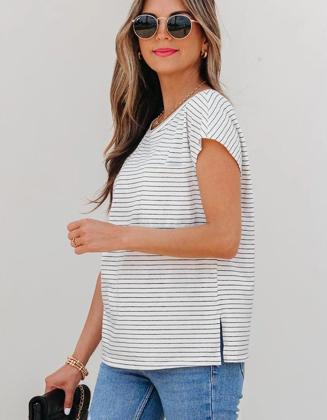 White Stripe Cap Sleeve Crew Neck Casual Tee with Chest Pocket
