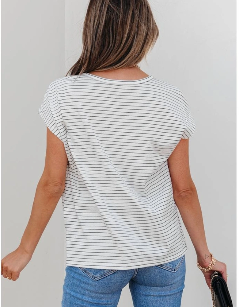 White Stripe Cap Sleeve Crew Neck Casual Tee with Chest Pocket