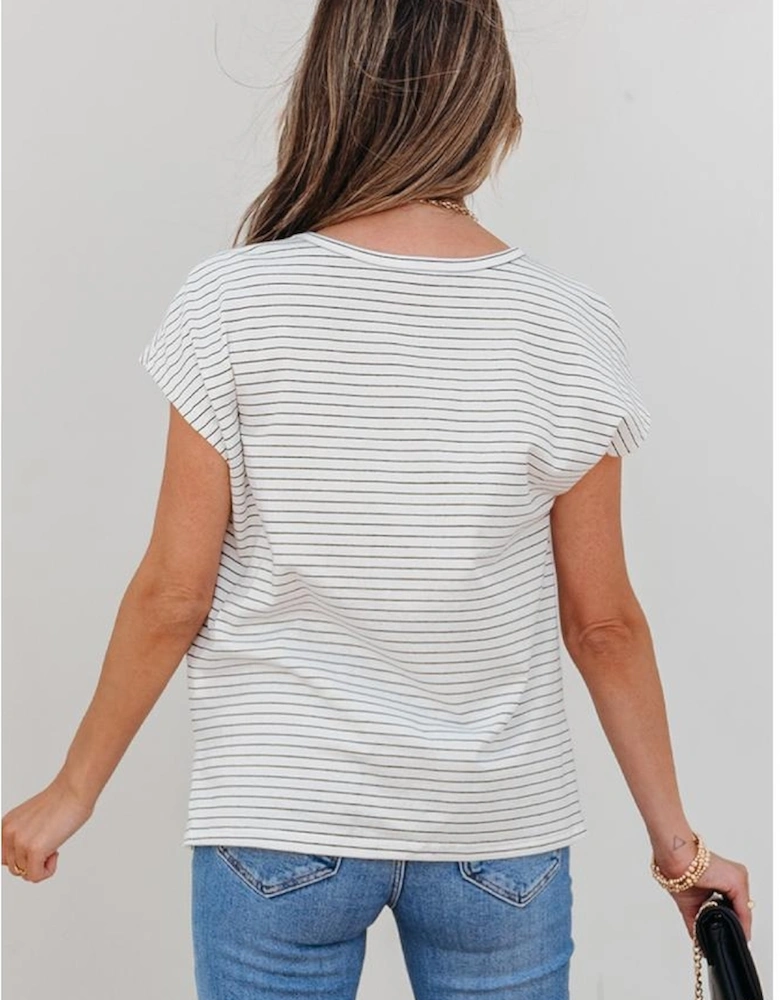 White Stripe Cap Sleeve Crew Neck Casual Tee with Chest Pocket