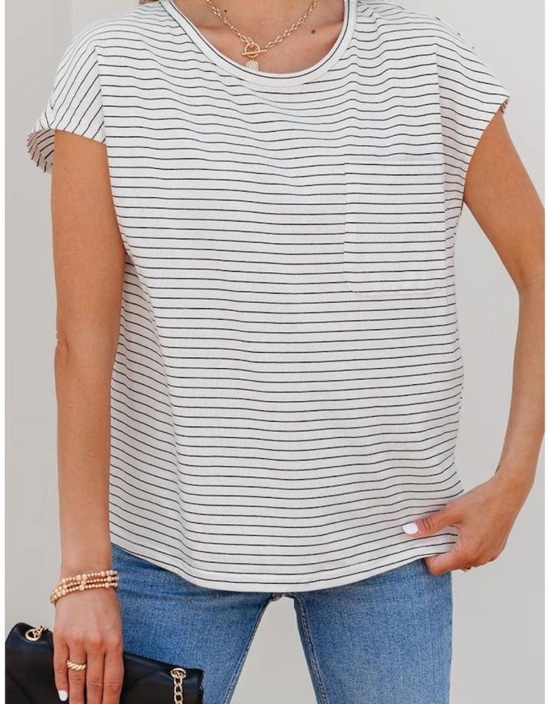 White Stripe Cap Sleeve Crew Neck Casual Tee with Chest Pocket
