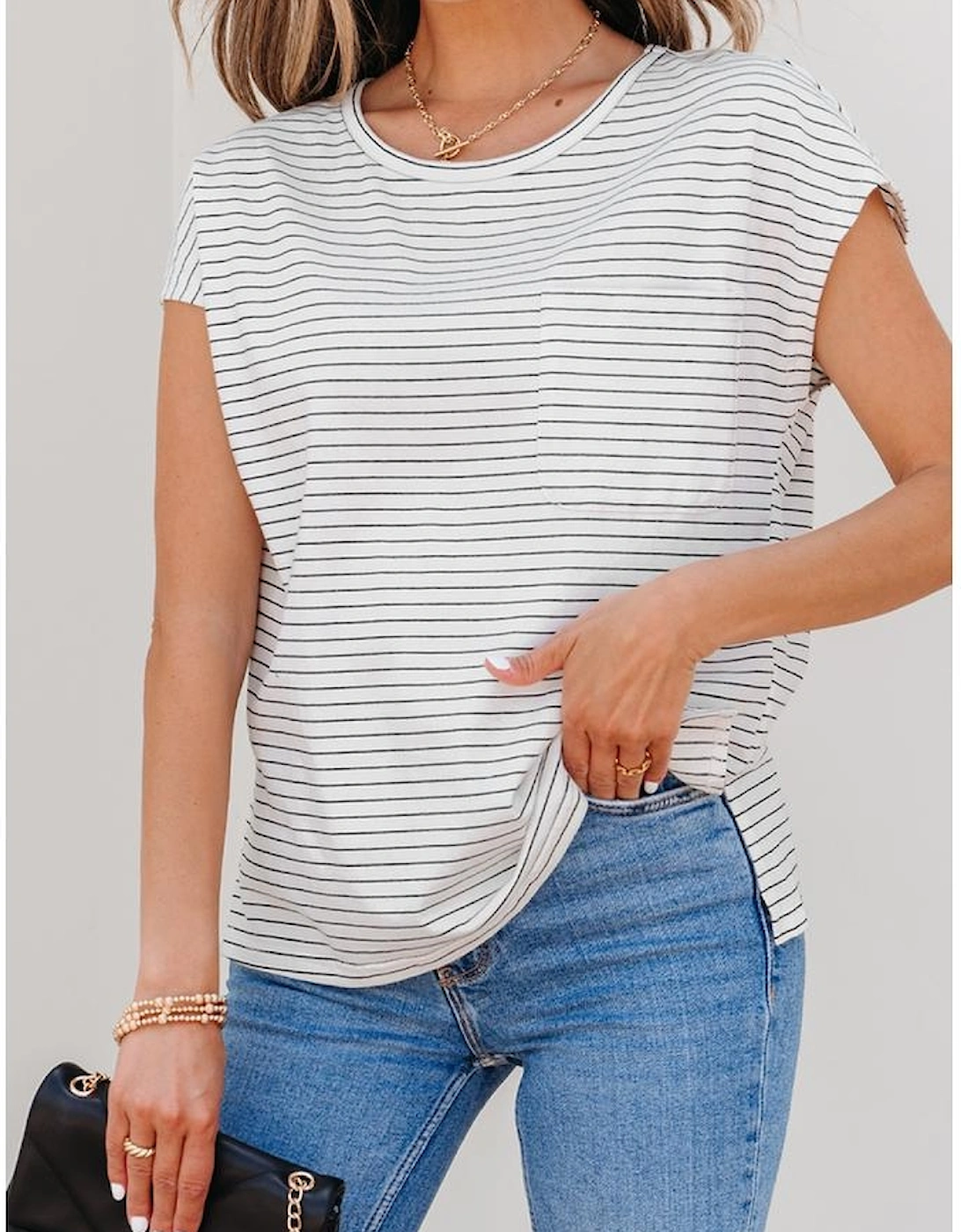 White Stripe Cap Sleeve Crew Neck Casual Tee with Chest Pocket