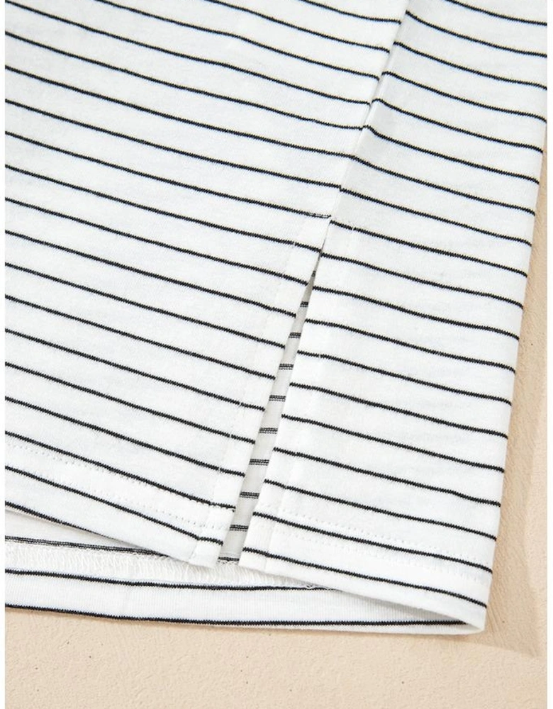 White Stripe Cap Sleeve Crew Neck Casual Tee with Chest Pocket