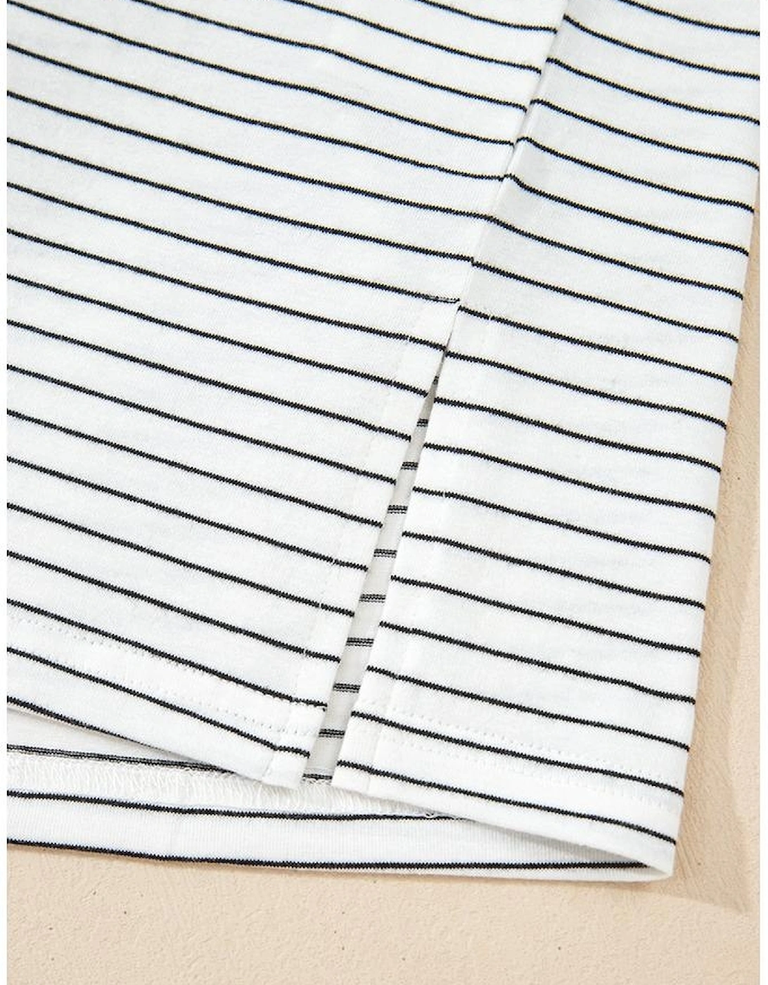 White Stripe Cap Sleeve Crew Neck Casual Tee with Chest Pocket