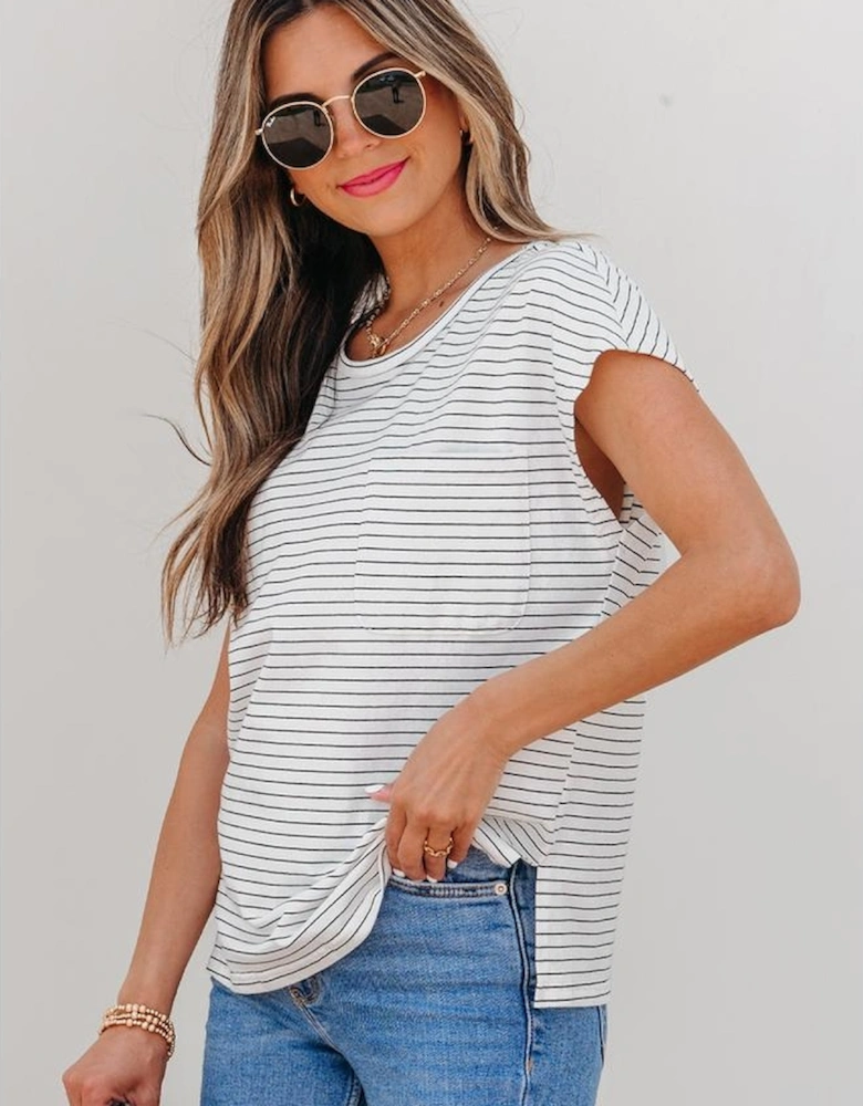 White Stripe Cap Sleeve Crew Neck Casual Tee with Chest Pocket