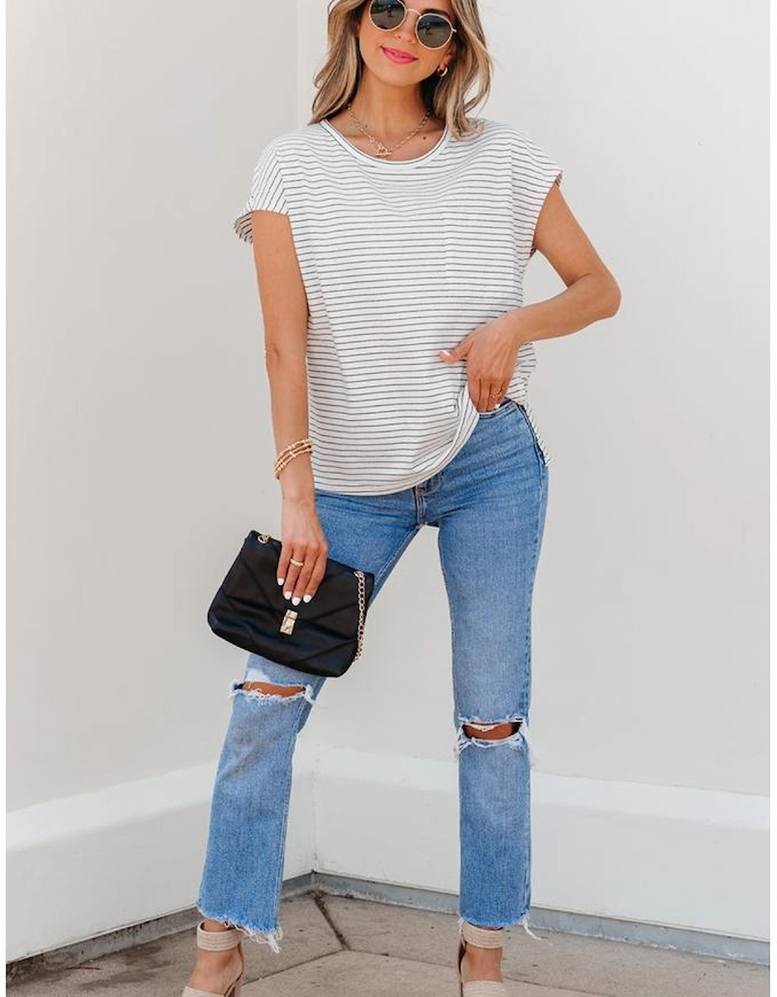 White Stripe Cap Sleeve Crew Neck Casual Tee with Chest Pocket