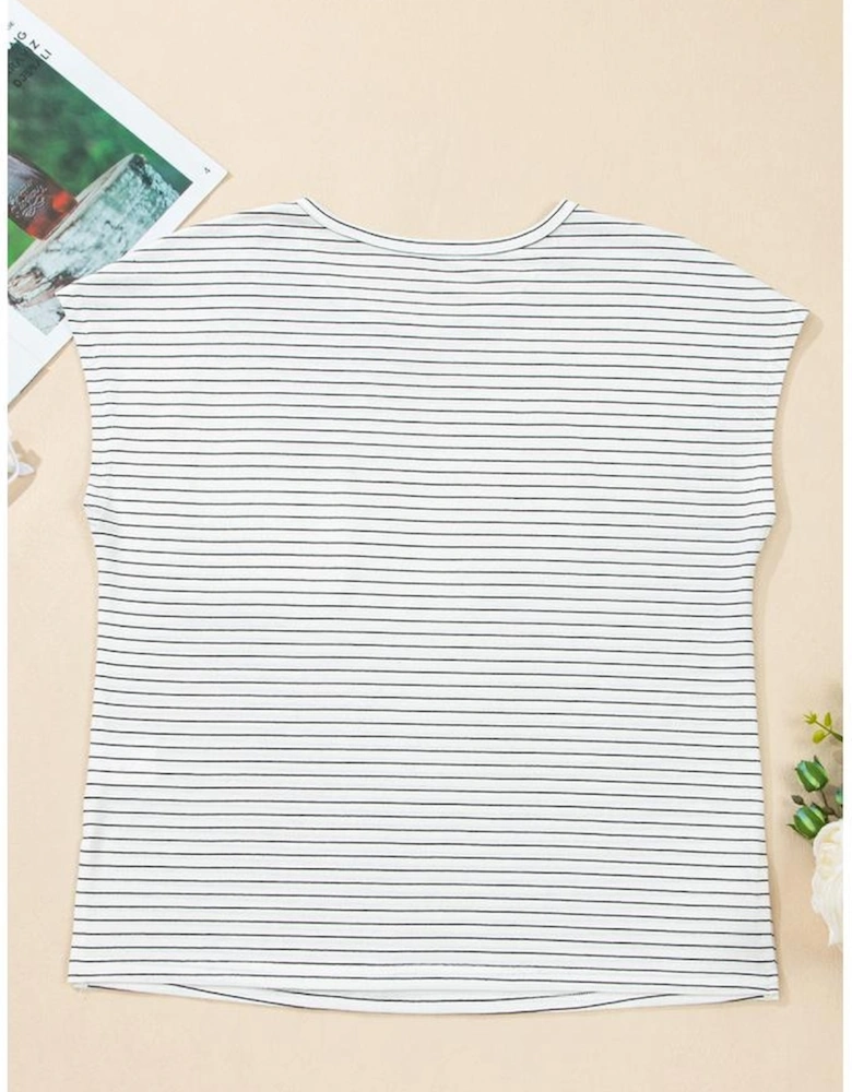 White Stripe Cap Sleeve Crew Neck Casual Tee with Chest Pocket